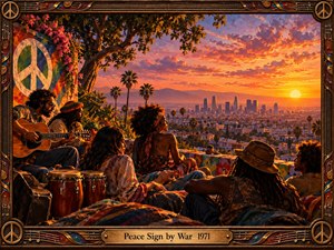 A vibrant oil painting depicts friends and musicians gathered on a rooftop overlooking a sprawling city at sunset. Golden orange skies, distant mountains, palm trees, and colorful fabrics create a peaceful 1970s atmosphere. Warm lighting illuminates guitars and drums, while an ornate bronze musical frame celebrates unity and harmony.