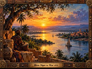 A richly textured oil painting captures a golden sunset over the winding Niger River, where sailboats drift past distant villages and lush palms. A seated drummer overlooks the shimmering water beneath ancient trees. Warm amber, violet, and blue tones create a contemplative atmosphere, enclosed within an intricately carved wooden frame with brass accents.