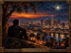 A solitary man sits beneath a sprawling tree, overlooking a glowing city at dusk. Fiery orange skies fade into deep blue moonlight above distant mountains. Golden reflections shimmer across the river beneath an illuminated bridge. Rich oil brushwork creates a contemplative atmosphere, enclosed within an ornate, music-inspired bronze frame.