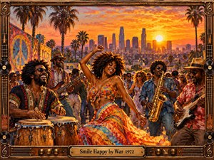 A vibrant 1970s street celebration unfolds beneath a glowing orange sunset and palm-lined skyline. Joyful musicians play congas, saxophone, bass, and guitar while a colorful dancer commands the foreground. Rich acrylic textures, golden lighting, and swirling movement convey infectious happiness. An ornate bronze musical frame completes the nostalgic composition.