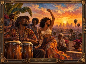 A vibrant oil painting captures musicians and dancers celebrating on a rooftop overlooking a palm-lined 1970s city skyline. Golden sunset light illuminates expressive figures, conga drums, tropical foliage, and colorful patterned clothing. Rich amber, orange, and violet tones evoke soulful warmth and rhythmic energy, enclosed within an ornate bronze musical frame.