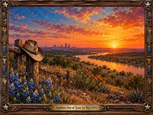 A vibrant oil painting captures a Texas sunset over a winding river, distant city skyline, and rugged countryside. Golden orange skies blend with violet clouds above bluebonnets, cacti, and a weathered fence holding a cowboy hat. An ornate wooden frame with brass stars and floral accents enhances the nostalgic Western atmosphere.