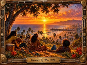 A vibrant traditional painting captures friends relaxing beneath a sprawling tree overlooking a sunlit California coastline. Golden orange skies illuminate palm trees, rolling waves, and a distant pier. Rich brushwork evokes carefree 1970s nostalgia, while an ornate wooden frame with musical strings and an engraved brass title plate completes the composition.