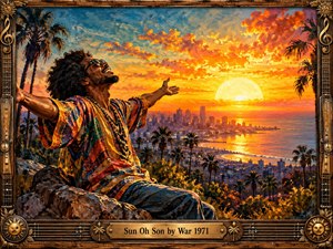A joyful man in colorful 1970s clothing stretches his arms toward a brilliant sunset above a palm-lined coastal city. Fiery orange clouds, golden reflections, and deep blue shadows create an uplifting atmosphere. Expressive oil brushwork adds warmth and movement, while an ornate wooden and bronze musical frame completes the composition.