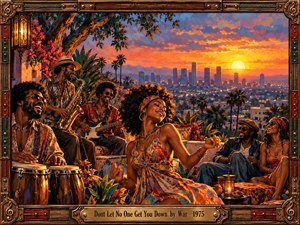 A vibrant 1970s rooftop gathering celebrates music and resilience above a palm-lined city at sunset. Musicians play saxophone, bass, and congas while a joyful woman dances among friends. Rich oranges, purples, and golden light illuminate expressive oil-painted textures. An ornate wooden frame with brass accents completes the nostalgic scene.