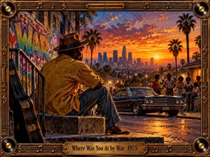 A contemplative musician sits beside his guitar case overlooking a vibrant 1970s Los Angeles neighborhood at sunset. A vintage lowrider and gathering neighbors animate the street beneath fiery orange, purple, and golden skies. Expressive oil painting textures capture nostalgic urban soul, enclosed within an ornate brass musical frame.