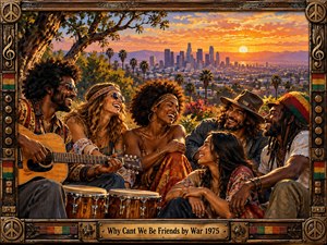 Six friends share laughter and music on a sunlit hillside overlooking a 1970s city skyline. Golden sunset clouds, palm trees, colorful clothing, guitars, and conga drums create a joyful atmosphere of unity. Rich painterly textures and warm colors glow within an ornate wooden frame decorated with musical symbols and brass accents.