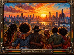 Six figures stand united above a sprawling city at sunset, their linked arms symbolizing solidarity and collective strength. Fiery orange skies illuminate distant skyscrapers and shimmering water. Expressive oil brushwork creates warmth and movement, while an ornate bronze musical frame and engraved title plate reinforce the uplifting, soulful atmosphere.