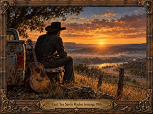 A lone cowboy sits on a weathered pickup beneath an old tree, gazing across misty hills and a winding road at sunset. His acoustic guitar rests nearby. Rich amber light, dramatic clouds, and rustic textures create a reflective mood. Detailed oil painting is enclosed in an ornate wooden and brass frame.