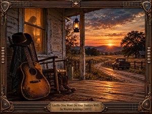 A weathered farmhouse porch overlooks a winding country road beneath a fiery orange sunset. An old acoustic guitar, cowboy hat, rocking chair, and boots evoke nostalgia and independence. Golden lantern light contrasts with deep blue shadows, while a distant pickup and ornate guitar-inspired bronze frame complete this richly detailed cinematic country scene.