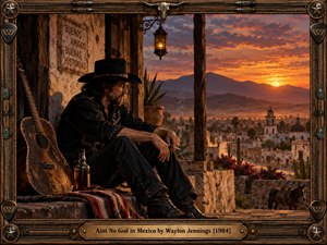 A weathered cowboy sits thoughtfully on a rustic Mexican porch overlooking a sunlit village and distant mountains. Rich amber sunsets, purple clouds, a worn guitar, and glowing lantern create a reflective outlaw atmosphere. Detailed cinematic realism and an ornate Western frame evoke loneliness, freedom, regret, and rugged country nostalgia.