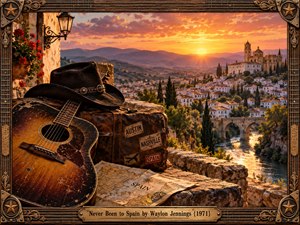 A weathered acoustic guitar, cowboy hat, and travel suitcase rest above a picturesque Spanish village at sunset. Golden light illuminates whitewashed buildings, distant mountains, and a winding river. Rich amber tones, nostalgic painterly textures, and an ornate western guitar-themed frame evoke wanderlust, country music heritage, and romantic longing.