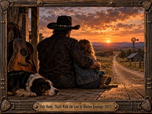 A cowboy embraces a young girl on a weathered farmhouse porch, overlooking a winding country road at sunset. Golden orange skies illuminate distant hills, a rustic barn, and windmill. A resting dog and acoustic guitar enhance the nostalgic atmosphere. Detailed cinematic realism meets an ornate Western guitar-string frame and engraved brass titleplate.