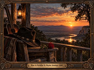 A weathered cowboy hat, acoustic guitar, and crimson rose rest on a rustic porch overlooking a winding river at sunset. Golden light illuminates distant mountains beneath dramatic amber clouds. A glowing lantern adds warmth and nostalgia. Rich cinematic realism and an ornate Western frame evoke longing, mystery, and bittersweet romance.