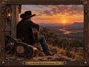A weathered cowboy rests with his guitar overlooking a vast Western valley at sunset. Golden light illuminates winding rivers, distant mesas, and rugged countryside beneath dramatic orange clouds. Rich, cinematic painting captures nostalgia and quiet reflection, surrounded by an ornate rustic frame featuring guitar strings, brass stars, leather, and engraved details.