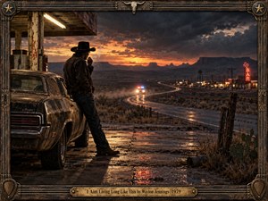 A lone cowboy smokes beside a weathered car at a deserted roadside station, watching distant police lights approach along a winding highway. Fiery orange sunset illuminates stormy desert skies, rugged mesas, and neon signs. Cinematic 1970s photography captures outlaw tension, framed by distressed wood, guitar strings, and engraved brass.