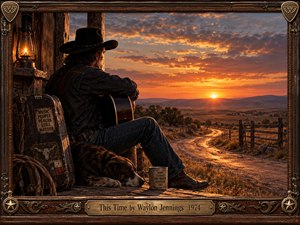 A lone cowboy sits on a weathered porch with his guitar and faithful dog, contemplating a winding country road at sunset. Golden orange light illuminates distant hills beneath dramatic clouds. Rich cinematic realism, rustic textures, a glowing lantern, and an ornate Western frame evoke reflection, resilience, and bittersweet hope.