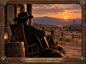 A lone cowboy rests on a rustic porch with his guitar and faithful dog, overlooking a sweeping Western valley at sunset. Golden light warms weathered wood, distant mountains, and winding trails. Rich cinematic realism evokes devotion, solitude, and quiet reflection, enclosed within an ornate copper-trimmed frame with an engraved brass titleplate.