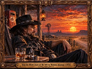 A weary cowboy rests outside a rustic ranch, contemplating a winding desert road beneath a fiery orange sunset. Weathered wood, distant mesas, a windmill, and glowing lantern evoke solitude and longing. Rich oil textures, dramatic shadows, and an ornate Western frame with engraved brass details create a nostalgic atmosphere.