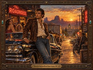 A rugged man leans against a gleaming vintage car outside a neon roadhouse, attracting admiring glances. A dusty Western street stretches toward desert mesas beneath a blazing sunset. Warm amber light, deep shadows, and richly textured oil brushwork evoke rebellious nostalgia, framed by carved wood, guitar strings, and engraved brass.