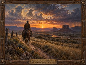 A solitary cowboy rides toward a blazing sunset through golden prairie grass, beneath violet storm clouds where ghostly cowboy figures drift like memories. Distant mesas and a winding river deepen the vast, lonely landscape. Rich oil textures, amber light, and an ornate carved wooden frame with brass title plate evoke wistful Western heroism.