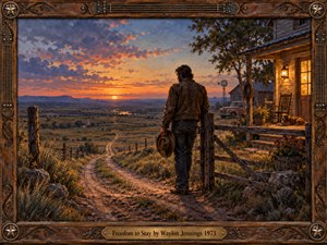 A lone cowboy stands beside a rustic gate overlooking a winding country road at sunset. Warm farmhouse lights contrast with violet clouds and golden plains, evoking freedom, belonging, and quiet reflection. Rich oil-painted textures capture weathered fences, distant hills, and a resting dog, enclosed within an ornate carved wooden frame.