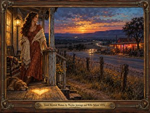 A thoughtful woman in a rust-colored dress stands on a weathered porch beside a resting dog, watching a distant honky-tonk beneath a fiery western sunset. Warm lantern light contrasts with violet hills and a winding road. Rich oil painting textures and an ornate wood-and-brass frame evoke devotion, longing, and resilience.