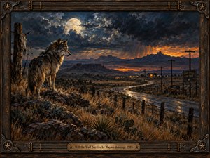 A lone wolf stands alert on a rocky ridge above a winding desert highway, surveying distant ranch lights beneath a stormy moonlit sky. Rich oil brushwork blends smoky blues, burnt orange, and dusty gold, capturing solitude and resilience. Weathered wood, guitar-string details, and a brass title plate frame the scene.