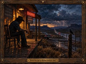 A weary cowboy sits outside a weathered roadhouse, whiskey in hand, watching a rain-dark highway vanish beneath distant lightning. Warm amber windows and red neon contrast with brooding blue storm clouds and desert mesas. Rich oil brushwork, a watchful raven, vintage car, and ornate brass-trimmed wooden frame deepen the bitter, lonely mood.