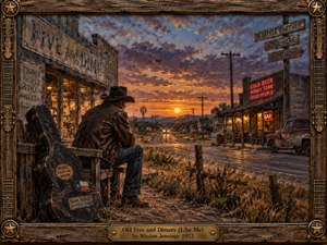 A weathered cowboy sits beside his guitar case outside a fading five-and-dime, watching a winding small-town road at sunset. Amber storefront lights and red honky-tonk neon glow beneath violet clouds. Rich, textured oil brushstrokes capture worn wood, dusty grasses, and quiet resilience, framed by carved timber and brass.