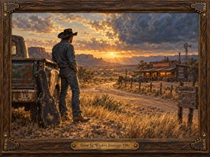 A lone cowboy stands beside a weathered pickup and guitar case, overlooking a winding desert road and warmly lit roadhouse. Golden sunset rays illuminate distant mesas beneath dramatic blue-gray clouds, evoking freedom and quiet optimism. Rich oil painting textures, rustic wooden framing, brass ornaments, and an engraved title plate complete the nostalgic scene.