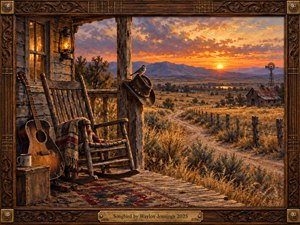 A weathered ranch porch holds a rocking chair, acoustic guitar, glowing lantern, and cowboy hat beneath a perched songbird. A winding dirt road crosses golden grass toward distant mountains under a fiery orange and violet sunset. Rich oil-painted textures, warm lighting, carved wooden framing, and a brass title plate evoke peaceful nostalgia.