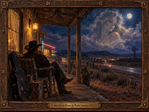 A lone cowboy rests on a weathered porch overlooking a moonlit desert highway, while a luminous woman emerges from violet clouds above distant town lights. Warm amber lantern light contrasts with deep blue shadows, creating romantic nostalgia. Rich oil brushwork and an ornate carved wooden frame enhance the dreamlike atmosphere.