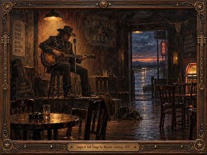 A solitary cowboy singer plays his guitar in a dim, weathered honky-tonk, surrounded by empty chairs and lingering smoke. Warm amber lamplight contrasts with the cool blue twilight beyond a rain-soaked highway. Rich oil brushwork captures quiet sorrow, while an ornate wooden frame with brass accents enhances the nostalgic atmosphere.