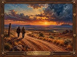 Two weathered travelers follow a winding dirt road across a vast Western desert at sunset. Golden grasses, distant mesas, and a glimmering river stretch beneath towering indigo storm clouds edged in fiery orange. Textured oil brushwork evokes freedom and companionship, while a carved wood and brass frame completes the nostalgic scene.