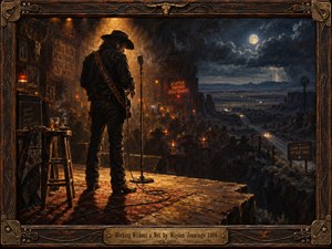 A lone cowboy musician stands beneath amber stage lights, facing a smoky honky-tonk crowd. Beyond the weathered wooden stage, a winding highway crosses moonlit plains beneath storm clouds. Rich oil-painted textures blend warm golds with deep blues, evoking courage, solitude, and perseverance. An ornate wooden frame completes the nostalgic scene.