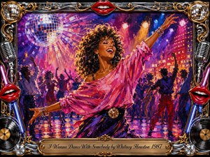 A joyful woman dances beneath a shimmering disco ball, surrounded by energetic silhouettes and glowing stage lights. Vibrant pink, purple, blue, gold, and red brushstrokes create a celebratory 1980s atmosphere. The expressive acrylic-style painting is framed with ornate chrome, gold filigree, microphones, records, musical notes, red lips, and a polished engraved title plate.