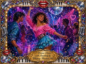 A joyful 1980s dance party bursts with neon pink, purple, blue, turquoise, and gold as a smiling woman dances beneath a sparkling disco ball. Energetic silhouettes, confetti, fog, and glowing lights fill the nightclub. Rich acrylic textures and an ornate chrome-and-gold musical frame create a glamorous, romantic, celebratory mood.