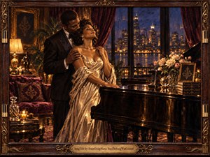 A glamorous couple stands beside a polished grand piano in an elegant nighttime apartment overlooking a glowing city skyline. Warm amber lamps and candlelight contrast with deep burgundy curtains and blue evening tones. Rich wood, gold ornament, roses, velvet furnishings, and expressive oil-painted textures create an intimate, romantic, luxurious atmosphere.