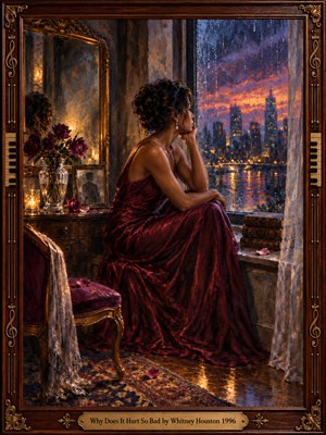 A solitary woman in a flowing burgundy gown gazes through a rain-streaked window at a glowing twilight skyline. Wilted roses, candlelight, and a faded portrait suggest lingering heartbreak. Rich oil brushstrokes blend violet blues with warm amber reflections, while an ornate mahogany frame with golden musical details surrounds the melancholy scene.