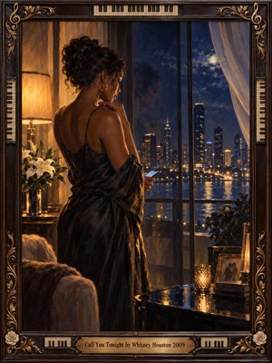 An elegant woman in a dark gown holds a phone beside a moonlit window overlooking a glittering city skyline. Warm amber lamplight contrasts with deep blue night skies and shimmering waterfront reflections. White lilies, candlelight, and flowing curtains evoke romantic longing. Ornate piano-key framing completes this richly textured oil painting.