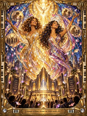 Two radiant women lift their arms above a cheering crowd in a dazzling stained glass celebration. Golden light streams from a glowing dove over an Art Deco city, while violet, sapphire, and rose glass ribbons swirl through the sky. An ornate bronze frame with piano keys surrounds this joyful, luminous tribute.