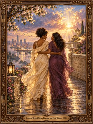 Two women in flowing ivory and plum gowns walk arm in arm along a rainwashed stone path above a river and distant city. Golden sunbeams pierce lavender clouds, illuminating blossoms, bridges, and a glowing lantern. The warm, hopeful oil painting sits within an ornate bronze frame decorated with musical motifs.