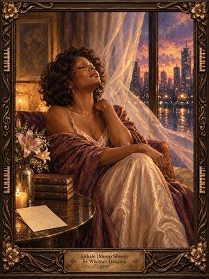 A serene woman with dark curls rests beside a rain-streaked window, eyes closed in quiet release. Golden candlelight warms her satin dress, lilies, and books as violet and amber city lights shimmer beyond billowing curtains. Rich oil-painted textures and an ornate bronze musical frame evoke tenderness, reflection, and renewal.