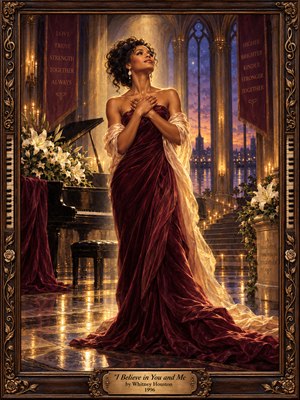 A graceful woman in a flowing burgundy gown stands beneath golden light in a cathedral-like hall, her hands crossed over her heart. White lilies, a grand piano, glowing candles, and twilight windows create a romantic, hopeful atmosphere. Rich oil painting textures and an ornate bronze frame enhance the scene.