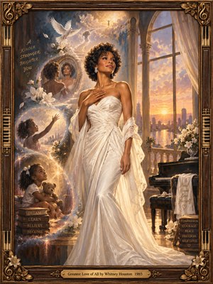 An elegant woman in a flowing ivory gown stands confidently beside a grand piano, surrounded by glowing childhood memories, white doves, and flowers. Golden sunrise streams through arched windows above a distant city. Rich oil-painted textures, warm amber light, and an ornate musical frame evoke hope, dignity, and self-love.