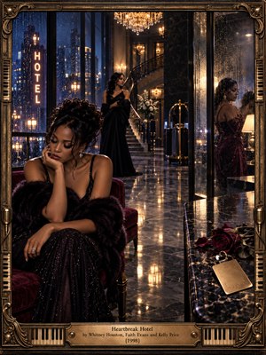 Three elegantly dressed women occupy a luxurious hotel lobby at night, their distant poses conveying heartbreak and quiet resilience. Rain-streaked windows reveal glowing city lights, while chandeliers shimmer across polished marble. Deep burgundy, midnight blue, and gold enrich the cinematic photographic scene, framed by ornate bronze musical details.
