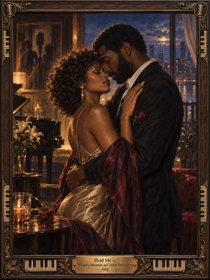 A tender couple embraces in a candlelit room overlooking a glowing nighttime skyline. Warm gold and burgundy tones contrast with cool blue city lights, while a piano, lilies, and roses deepen the romantic atmosphere. Rich oil painting textures and an ornate musical frame evoke elegant 1980s soul.