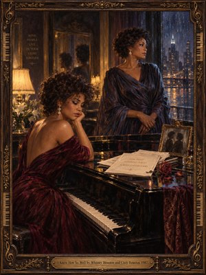 Two elegant women contemplate love and memory beside a glossy grand piano in a lamplit room overlooking a rain-soaked city. Burgundy and violet gowns contrast with midnight blue windows and warm amber reflections. Sheet music, a fading rose, and mirrored portraits deepen the wistful mood, enclosed by an ornate gilded musical frame.