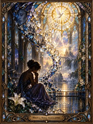 An elegant woman bows in prayer beside a reflective pool inside a Gothic sanctuary. Fractured indigo stained glass sweeps upward toward a radiant golden window, where white doves soar. Crystal droplets, blooming lilies, and distant spires enrich the intricate bronze-framed composition, balancing quiet sorrow with luminous hope.